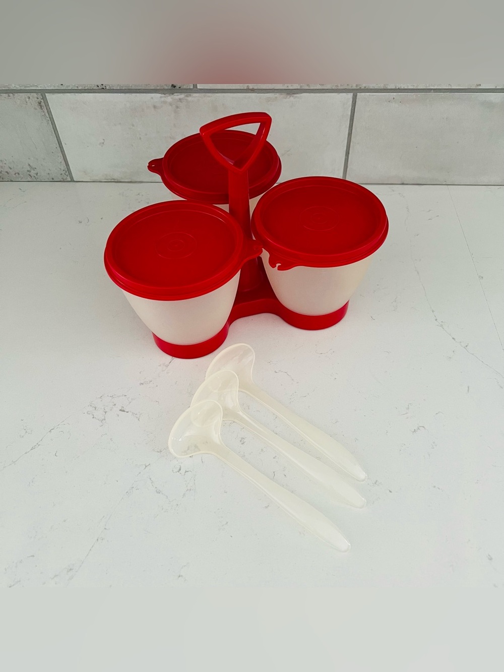 Vintage 90s TUPPERWARE Condiment Serving Caddy Red w/ Spoons